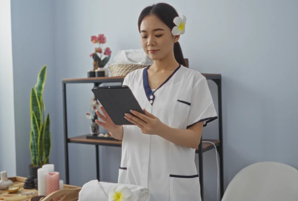A female massage therapist with a white and yellow plumeria in her hair, wearing a white and blue uniform, taps on her gray business tablet in her massage room.