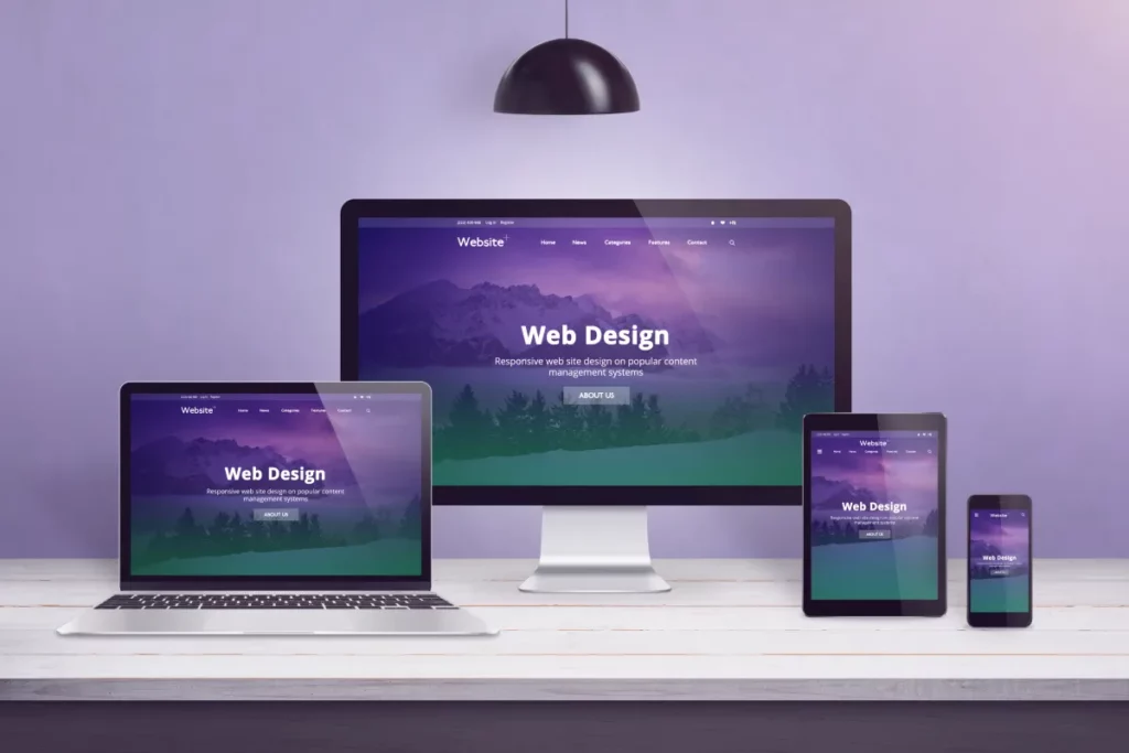 A series of screens including a desktop, laptop, tablet, and smartphone demonstrating an example of responsive web design, in front of a purple background.
