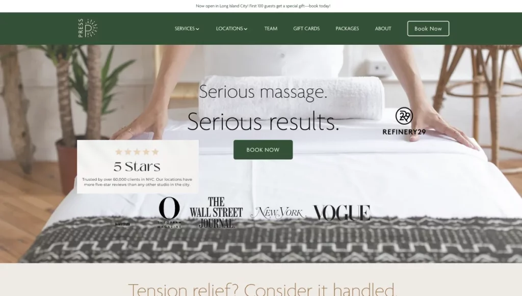 screenshot of Press Modern Massage home page