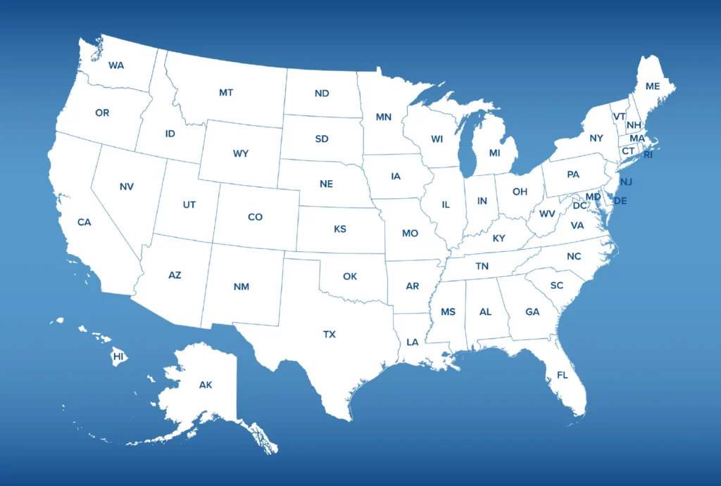 A white silhouette map of the United States with the state abbreviations labeled in blue text, against an ombre blue background
