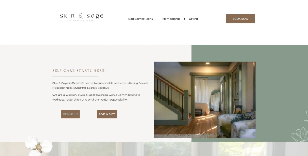 Screenshot of an esthetician business homepage styled with green, brown, and beige tones, with text that reads, "Skin & Sage" and a photo of an esthetics reception room.