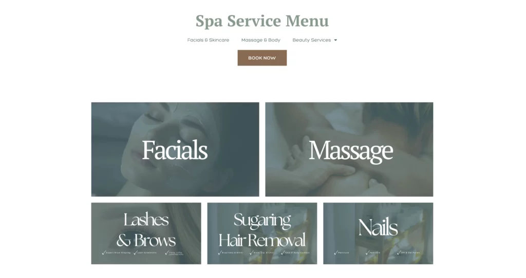 Screenshot of an esthetician business service menu with designed buttons listing each service over tinted photos depicting facials, massage, and other spa services.