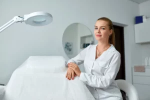An esthetician wearing a white uniform sits and poses with her arms on a client table in her esthetics studio.