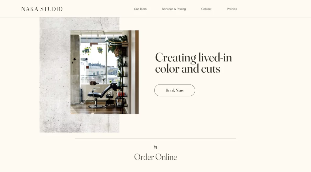 A screenshot of a hair salon webpage styled with neutral brown tones and a photo of the salon, which shows a salon chair, a large glass window, hanging plants, and a shelf of products. The text reads, "Naka Studio" with a tagline and text buttons.