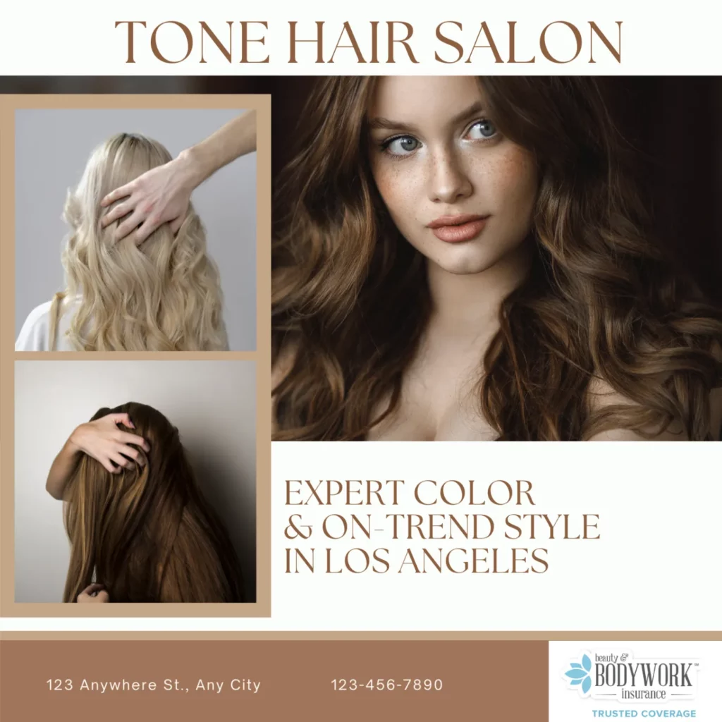 A mockup of a hair salon webpage that reads "Tone Hair Salon" with images of blonde and brunette hairstyles, and a footer with placeholder text and an insurance badge that reads, "Beauty & Bodywork Insurance Trusted Coverage."