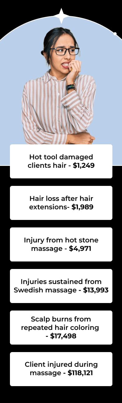 Injury from hot stone massage - $4,971 Injuries sustained from Swedish massage - $13,993 Client injured during massage - $118,121 Hair loss after hair extension treatment - $1,989 Scalp burns from repeated hair coloring - $17,498 Hot tool damaged hair - $1,249