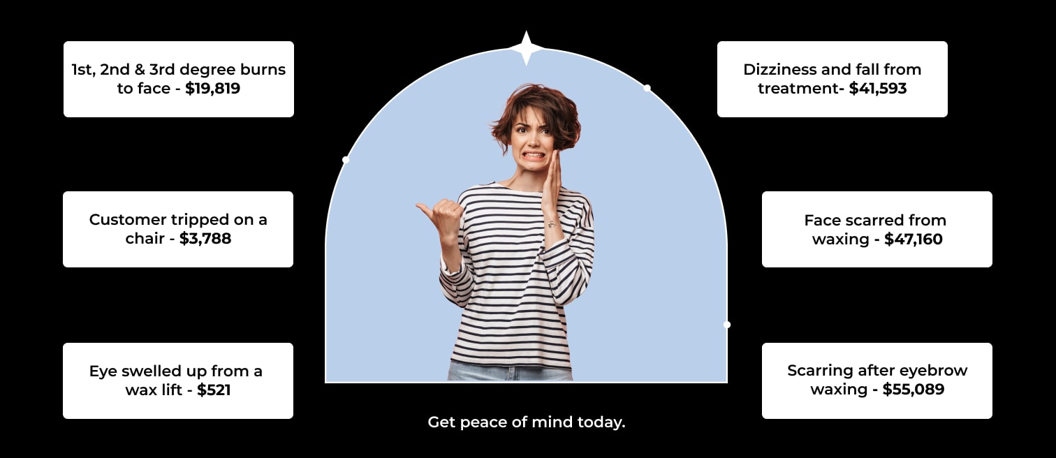 Eye swelled up from a  wax lift - $521 Customer tripped on a chair - $3,788 1st, 2nd & 3rd degree burns to face - $19,819 Dizziness and fall from treatment- $41,593 Face scarred from  waxing - $47,160 Scarring after eyebrow waxing - $55,089