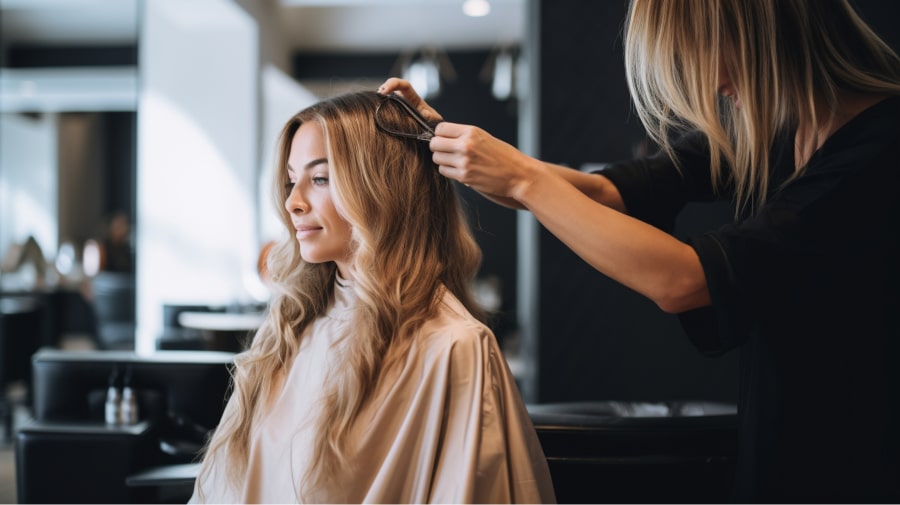 woman getting hair styled in salon