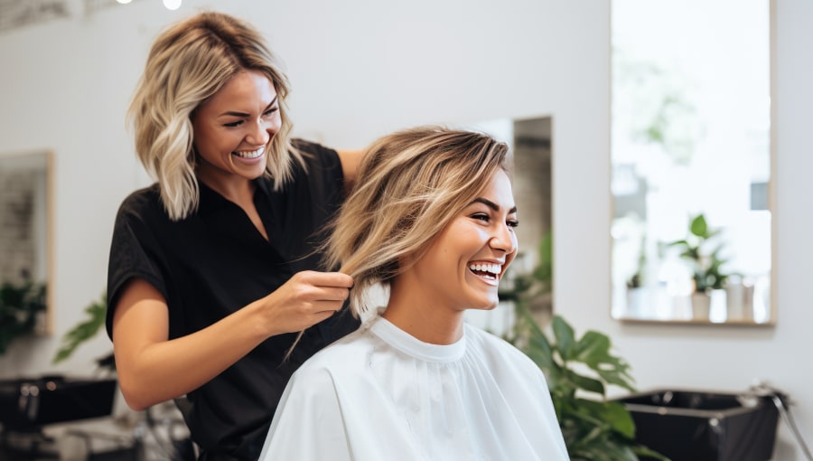 woman laughing as she gets her hair styled