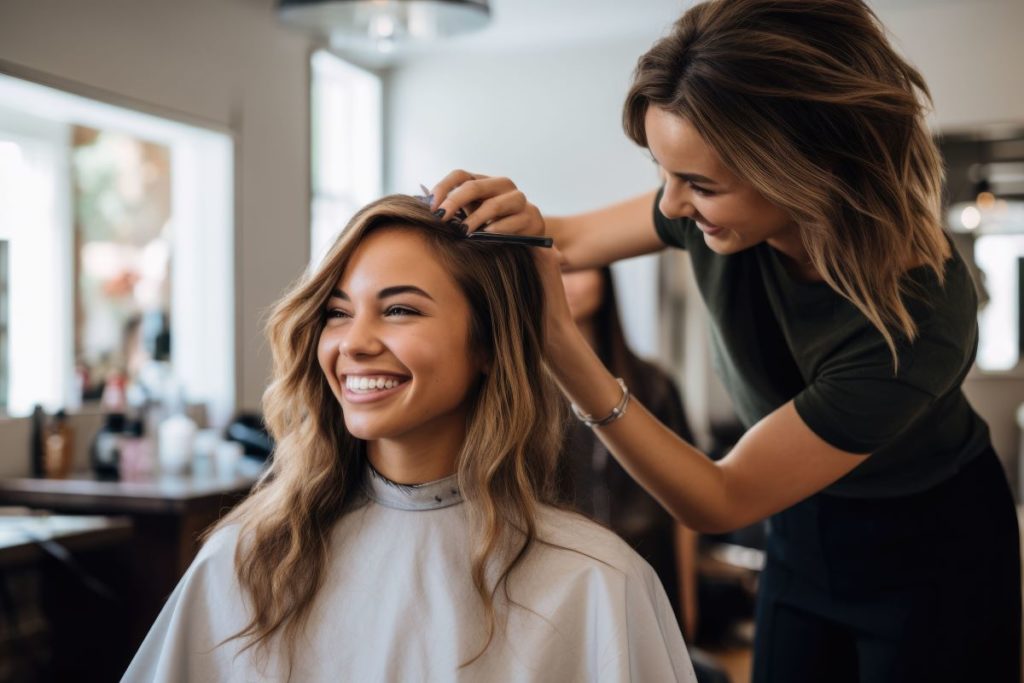 Hairstylist and client smiling in salon