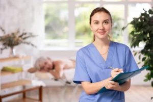 A female massage therapist wearing blue scrubs, smiles and writes on a blue folder in a massage room with a client lying on a massage table behind her.