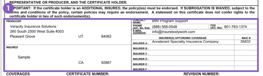 screenshot of the top section of a certificate of insurance outlined in purple.