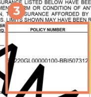 close-up screenshot of the policy number section of a certificate of insurance outlined in orange.