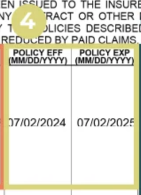 close-up screenshot of the policy dates section on a certificate of insurance, outlined in green.
