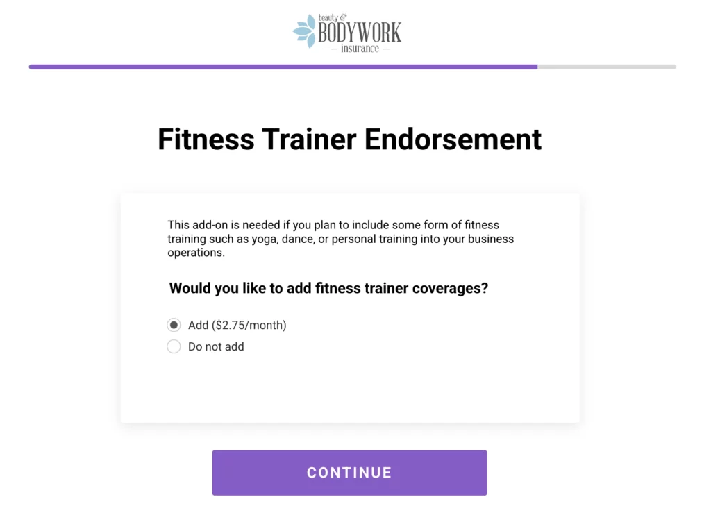 Screenshot of fitness trainer endorsement option on online policy application