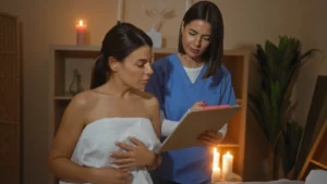 A massage therapist wearing blue scrubs holds a clipboard and goes over an intake form with a client in a massage room with candles and plants in the background before an appointment.