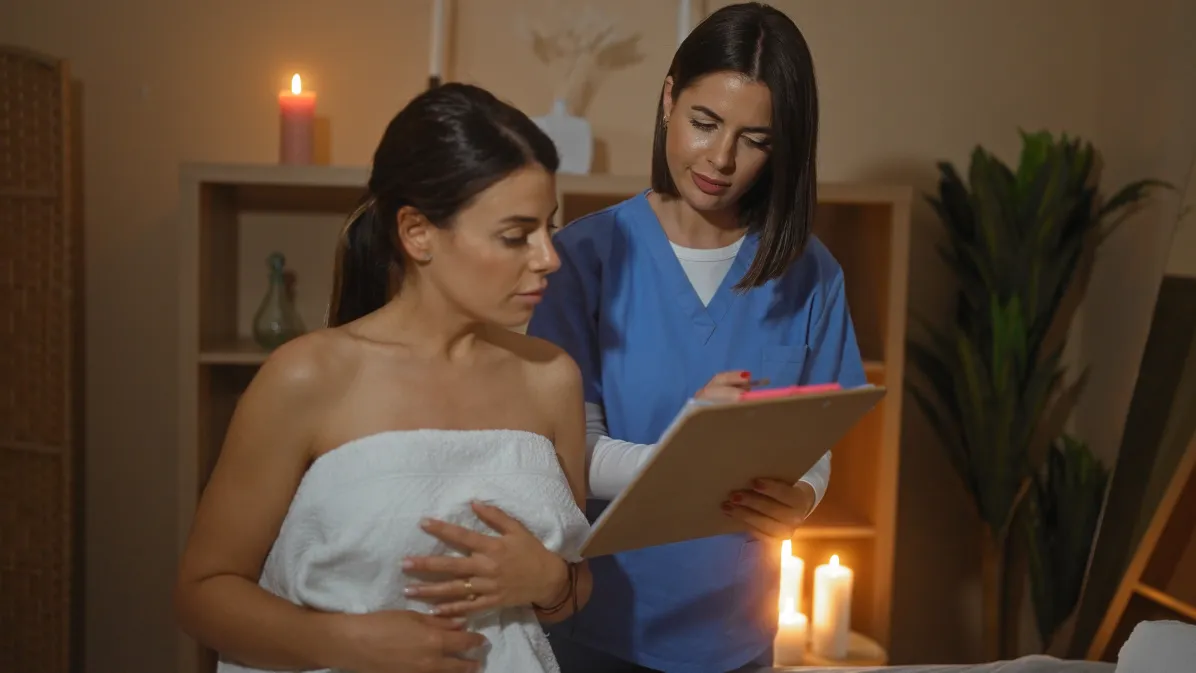 A massage therapist wearing blue scrubs holds a clipboard and goes over an intake form with a client in a massage room with candles and plants in the background before an appointment.